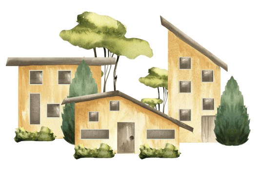 Cottage houses composition with yellow tiny building in greenery watercolor illustration. Hand drawn countryside village landscape clipart for poster, travel card design png