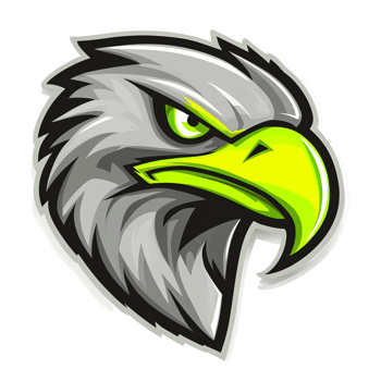 Eagle head mascot with green eyes staring intensely on a transparent background png