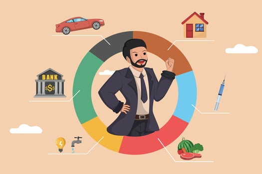 Budget Planning Illustration Businessman Presenting Financial Goals with Pie Chart, Including Bank, Car, House, and Expenses. vector