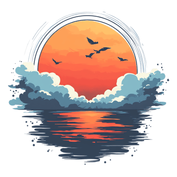 Stunning sunset over calm ocean with birds in flight on transparent background png