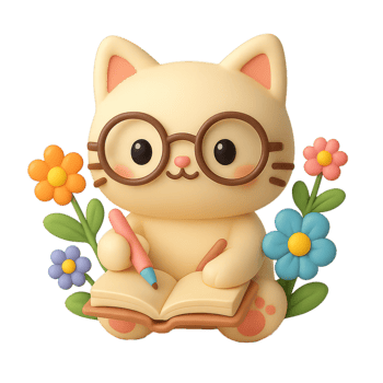 Cute Kawaii Cat with Glasses Holding a Pencil and Notebook Among Flowers png