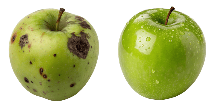 Comparison of rotten apple and fresh apple isolated on the transparent background png