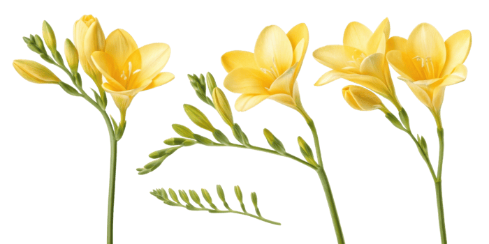 Bright and cheerful freesia flowers bloom gracefully, showcasing their vibrant yellow petals and delicate green stems png