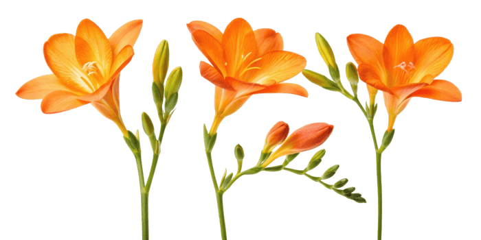 Bright and vibrant freesia flowers bloom beautifully, showcasing their stunning orange petals and delicate green buds png