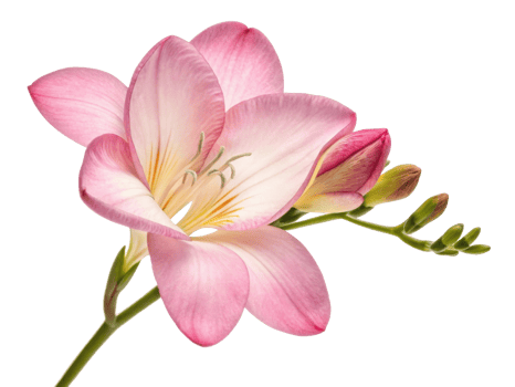 Beautiful freesia flower in soft pink hues showcases delicate petals and graceful stem, embodying elegance and charm png