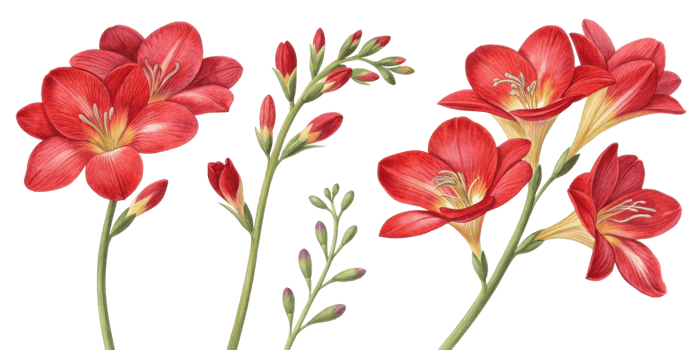 Beautiful red freesia flowers bloom gracefully, showcasing their vibrant petals and delicate buds, creating stunning floral arrangement png