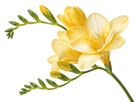 Beautiful freesia flower blooms in soft yellow hues, showcasing delicate petals and vibrant green stems that evoke sense of joy and tranquility png
