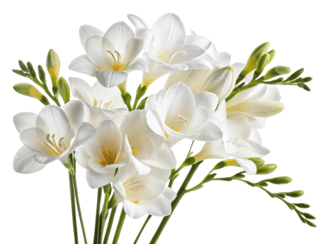 Beautiful bouquet of freesia flowers showcases their delicate white petals and vibrant green buds, perfect for any occasion png