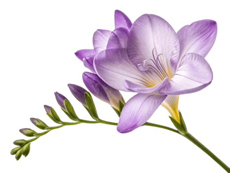 Beautiful freesia flower in soft purple hues showcases delicate petals and graceful stem, evoking sense of tranquility and elegance png
