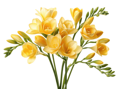 Beautiful bouquet of yellow freesia flowers showcases their delicate petals and vibrant color, perfect for brightening any space png