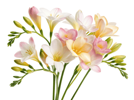 Beautiful freesia flowers in soft pastel colors create stunning bouquet that brings joy and elegance to any setting png