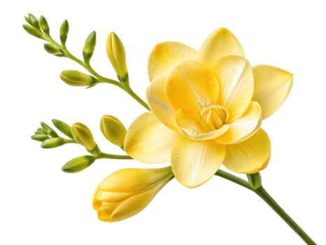 Beautiful freesia flower in vibrant yellow blooms gracefully, showcasing its delicate petals and lush green buds png