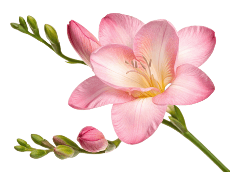Beautiful freesia flower in soft pink hues showcases delicate petals and vibrant green buds, symbolizing elegance and grace png