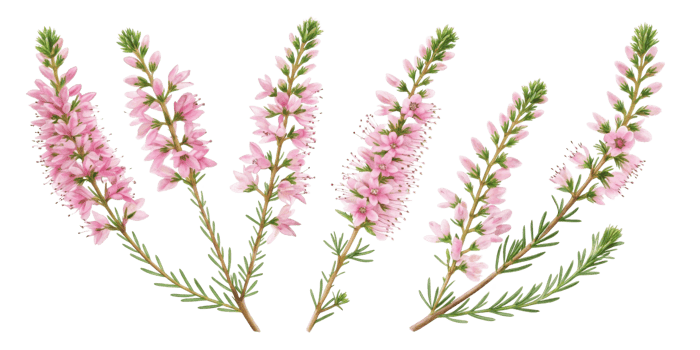 Beautiful heather flowers bloom gracefully, showcasing delicate pink petals and lush green leaves, creating serene and enchanting atmosphere png