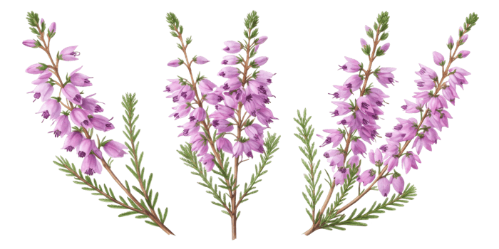 Beautiful heather flowers bloom gracefully, showcasing delicate purple petals and lush green leaves, creating serene and vibrant scene png
