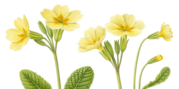 Primrose flowers bloom in vibrant yellow hues, showcasing their delicate petals and lush green leaves, creating cheerful and inviting scene png