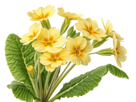 Beautiful primrose flowers bloom with vibrant yellow petals and lush green leaves, creating cheerful and lively display png