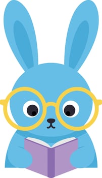 Cute blue bunny reading book with yellow glasses illustration ideal for tshirt prints and craft projects vector