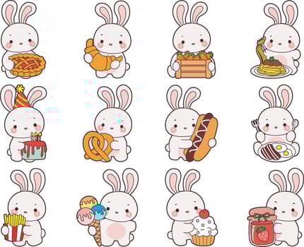 Baby bunny in the variation of fast food and snack.Illustration of cute bunny icon. Funny rabbit in daily activities elements. vector