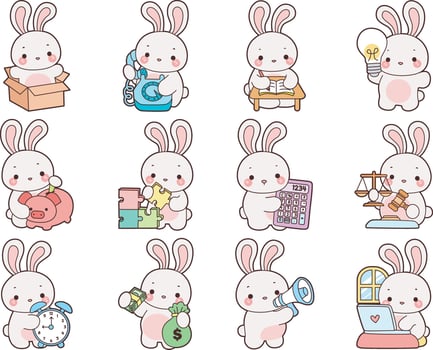 Baby bunny with variation of finance and money activities. Illustration of cute bunny icon. Funny rabbit in daily activities elements. vector