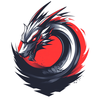 Dramatic red and grey dragon curled in circle with transparent background png