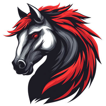 Fierce stylized horse head with red mane and tail on transparent background png