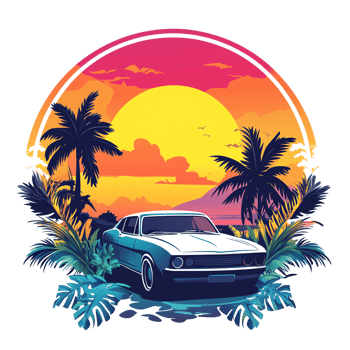 Retro sunset de lorean a tropical time travel escape png