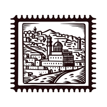 Vintage postage stamp depicting historic cityscape with mountains and architectural landmarks vector
