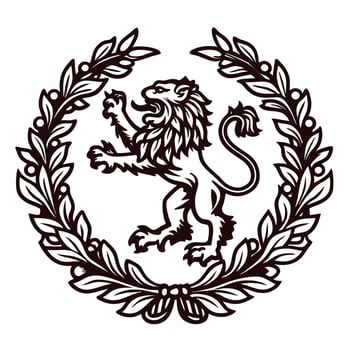 Majestic lion emblem centered in laurel wreath design vector