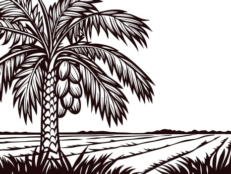 Detailed palm tree and coconut fruit in tropical landscape with vast open fields vector