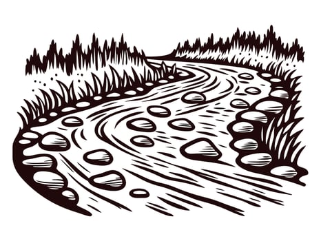 Black and white of a winding river with stones and forested banks vector