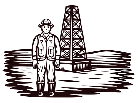 Adult caucasian man in work attire standing near an oil rig with industrial landscape vector