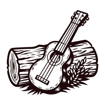 Acoustic guitar resting on tree log with leaf design in detailed vintage vector