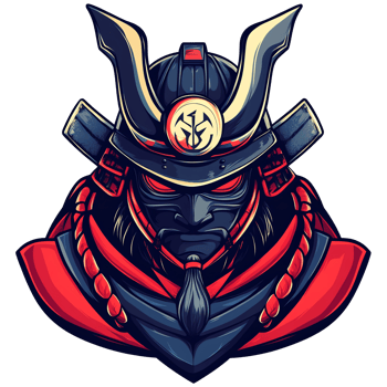 Samurai warrior with red eyes and intricate helmet design on transparent background png
