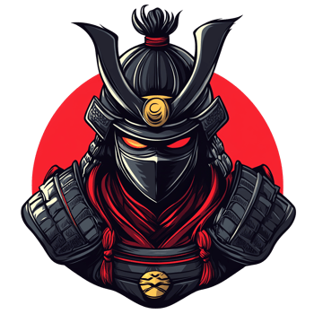 Fierce samurai warrior in black armor against red circle on transparent background illustration png