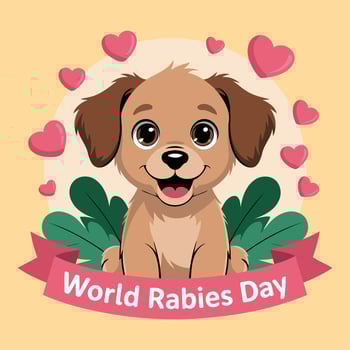 Adorable cartoon puppy illustration promoting World Rabies Day with hearts and banner, encouraging pet health and disease prevention vector