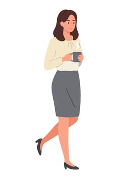Confident Professional Woman Walking with Coffee Cup in Modern Office Environment vector