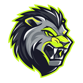 Fierce neon green and gray lion head mascot with transparent background for esports and gaming between 100 200 characters png