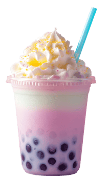 Pink and white dessert beverage with colorful boba. png