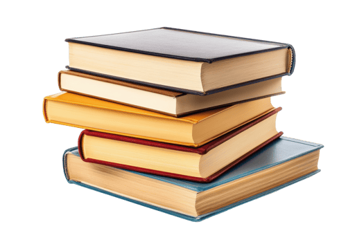 Stack of colorful hardback books displayed on a plain background. png