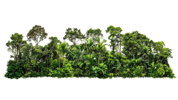 Lush tropical forest scene with dense foliage. png