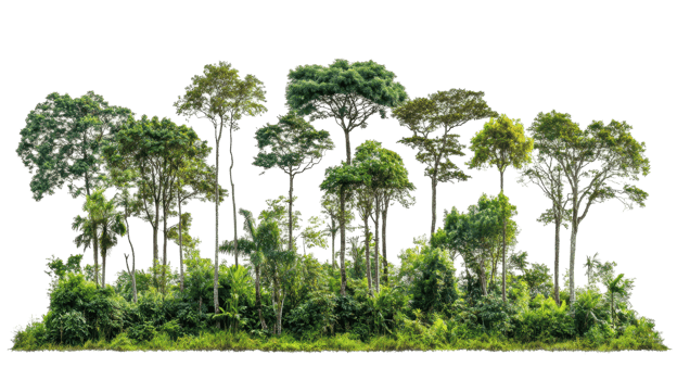 Lush tropical forest edge with tall trees and foliage. png