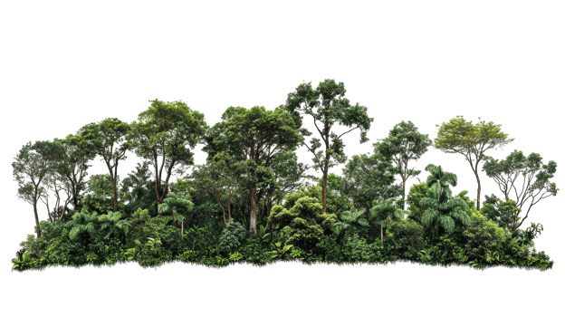 Lush tropical foliage and trees in a dense forest border. png