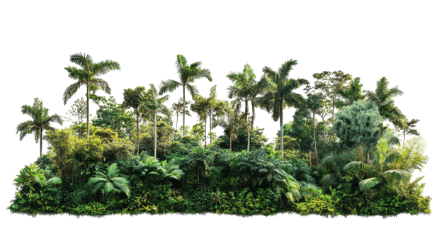 Lush tropical foliage and trees in a dense jungle. png