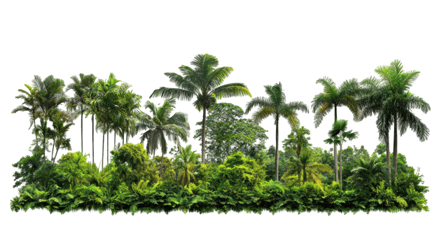 Lush tropical foliage and trees in a dense landscape. png