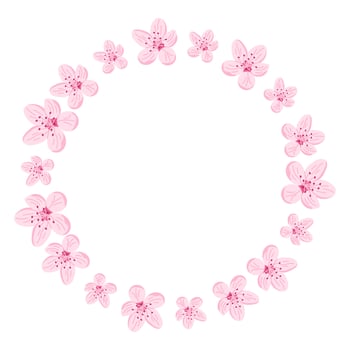 Round floral frame with delicate pink cherry blossoms arranged in a soft circular wreath. Represents spring, tenderness and romantic elegance with space for text in the center vector