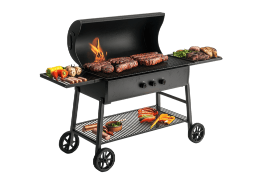 A black grill with various food on the cooking grates. png