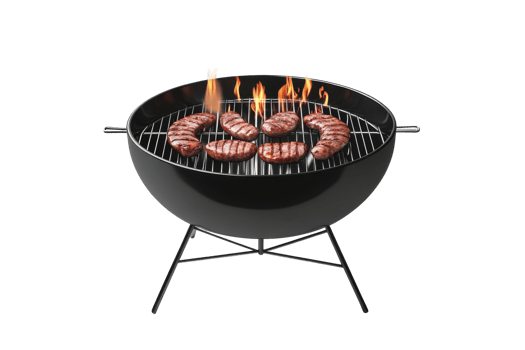 Grilled sausages cooking on a round barbecue grill. png