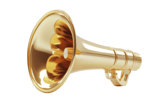 Golden megaphone rendered in three-dimensional space. png