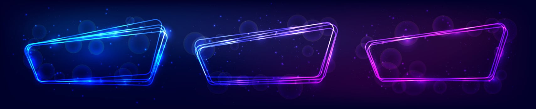 Set of three neon rounded frames with shining effects and sparkles on dark background. Empty glowing techno backdrop. illustration vector